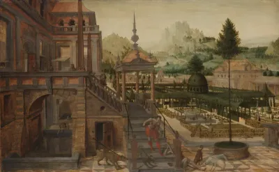 Parkaanleg bij een paleis met op de voorgrond de arme Lazarus
