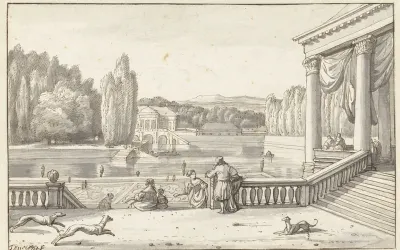 Parkgezicht met figuren en honden op een terras