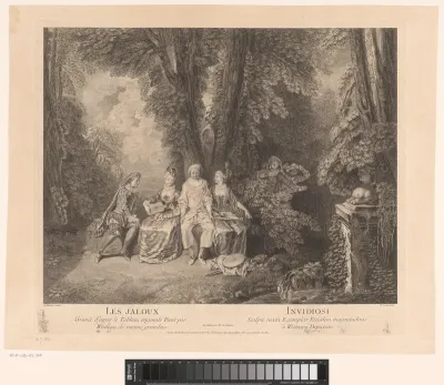 Parklandschap met musicerende dames en theaterfiguren
