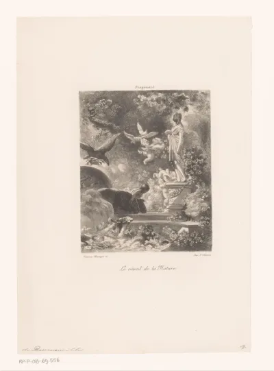 Parklandschap met putti bij een gesluierd standbeeld