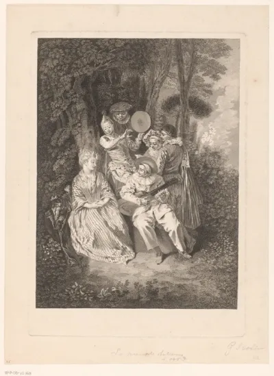 Parklandschap met theaterfiguren die een serenade brengen aan een dame