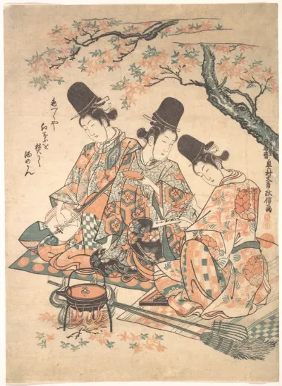 Parody of Palace Servants Heating Sake over a Fire of Maple Leaves