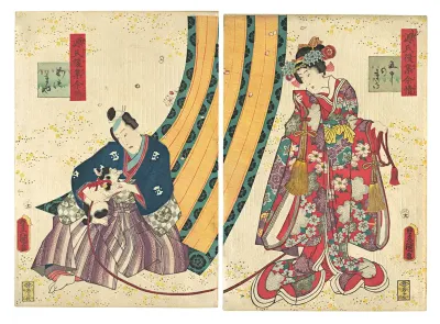 Parody of the Third Princess and Kashiwagi: “Chapter 50: A Hut in the Eastern Provinces” — Utagawa Kunisada Kanvas Tablo
