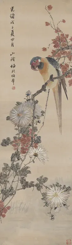 Parrot and Chrysanthemums
