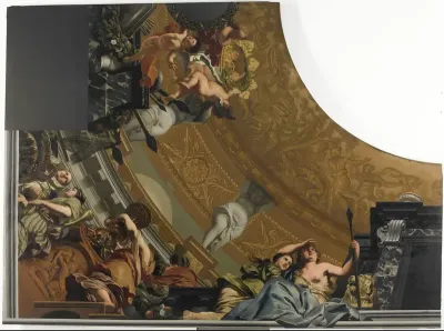 Part (bottom left) of a ceiling decoration with Diana and her companions as the principal representation