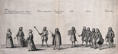 Part of the coronation procession of King James II, 23 April 1685, with a piper and drums bringing up the rear