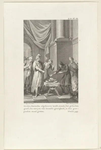 Parthen gieten gesmolten goud in het afgehakte hoofd van Crassus