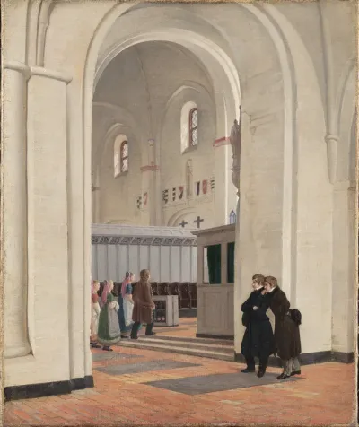 Parti af det indvendige af Ringsted Kirke. I forgrunden Constantin Hansen og Jørgen Roed