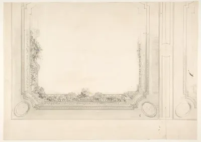 Partial design for a ceiling to be painted with a trompe l'oeil iron railing and roses
