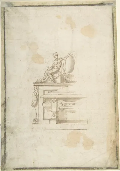 Partial Design for a Tomb with a Seated Male Figure Holding a Shield (recto); Partial Design for a Tomb with a Seated Male Figure, Putti and an Obelisk (verso)