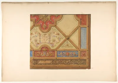 Partial design for the decoration of a ceiling in geometric panels painted with putti, masks., and griffins