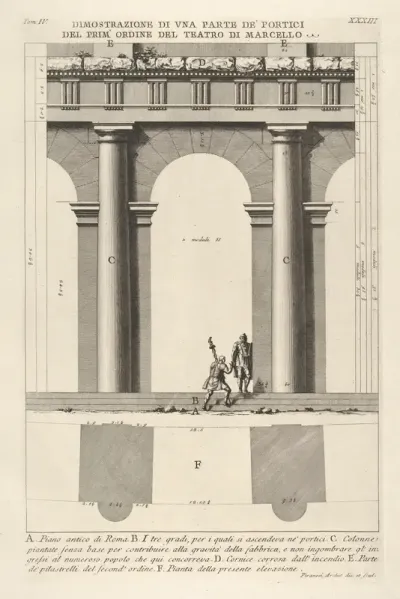 Partial elevation and plan of the first-order portico at the Theater of Marcellus (Dimostrazione di una parte de' portici del prim' ordine del Teatro di Marcello), from "Le Antichità Romane"