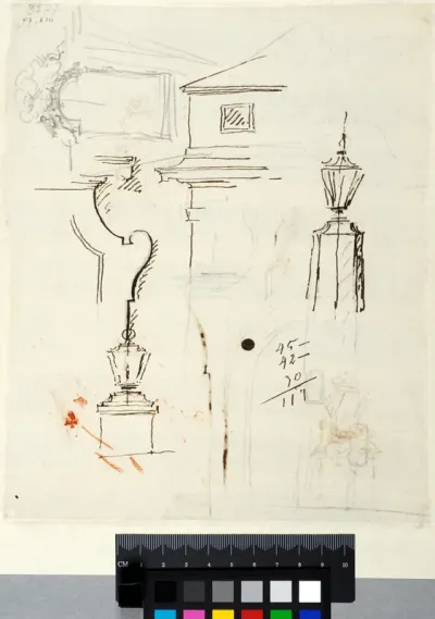 Partial Elevation of Facade with a Cornice, Two Studies for Lanterns, Two Window Surrounds
