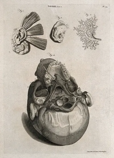 Parts of the ear (above) and the base of the skull showing the ear canal (below)