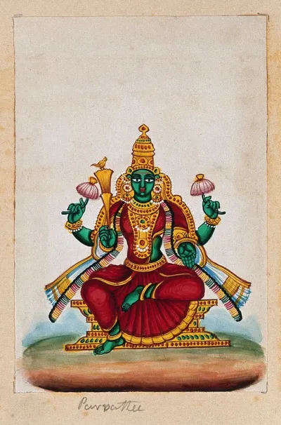 Parvati, the wife of Lord Shiva, holding a lotus in each hand