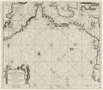 Paskaart van de kusten Colombia, Panama, Costa Rica en Honduras, met een inzetkaart van Carthagena