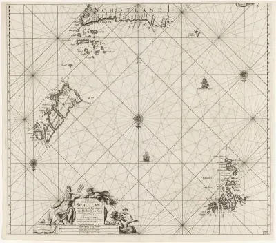 Paskaart van een deel van de Atlantische Oceaan met de Orkney Eilanden