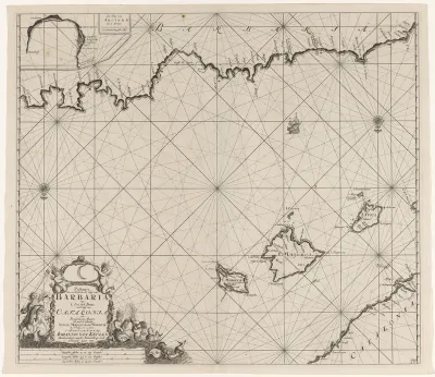 Paskaart van een gedeelte van de Middellandse Zee met de kusten van Spanje en Algerije