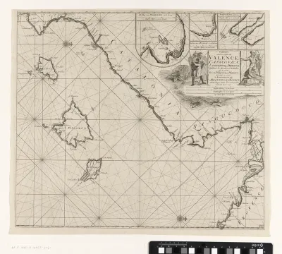 Paskaart van een gedeelte van de oostkust van Spanje met de Balearen en een deel van de Franse kust