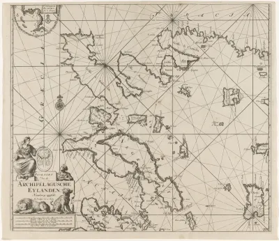 Paskaart van het westelijk deel van de Egeïsche Zee met een deel van de kust van Griekenland