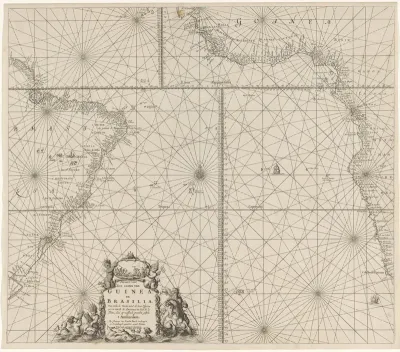 Paskaart van het zuidelijke deel van de Atlantische Oceaan met de kusten van Afrika en Brazilië
