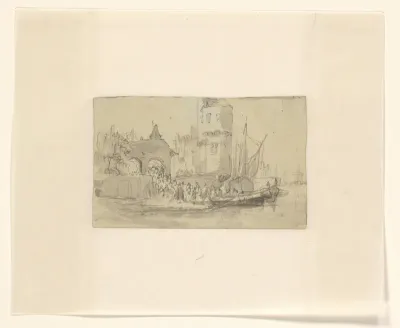 Passagiers verlaten beurtschip bij een stadsmuur