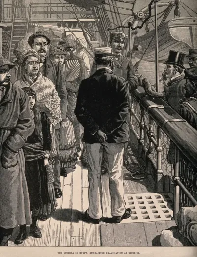 Passengers on a ship undergoing quarantine examination during the Egyptian cholera epidemic of 1883