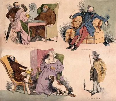 Pastimes: playing cards, resting in an armchair, conversation, a man with a flute