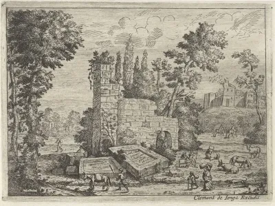 Pastoraal landschap met twee platen op de grond voor een ruïne