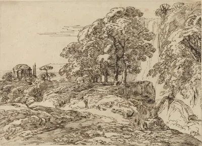 Pastoral Landscape with a Waterfall and a Temple
