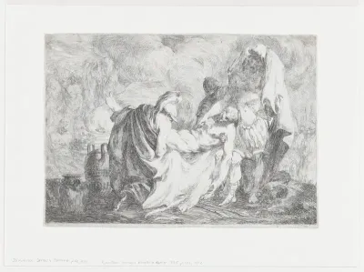 Patroclus being carried to his funeral pyre as Achilles places a lock of hair on the body