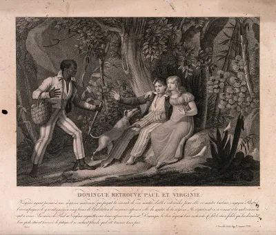 Paul and Virginie are found by their slave Domingue and their dog Fidele when they are lost in the forests of Mauritius