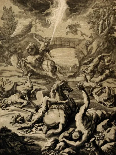 Paul undergoes a mystical experience on the way to Damascus; he falls from his horse