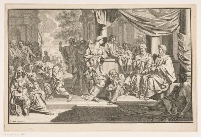 Paulus en Barnabas predikend voor de tempel