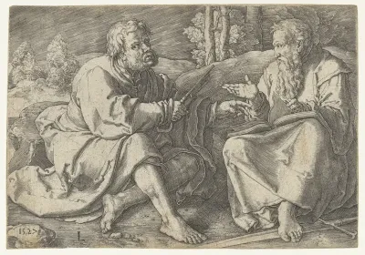 Paulus en Petrus zittend in een landschap