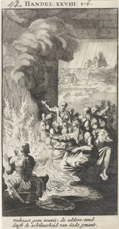 Paulus schudt de adder af in het vuur