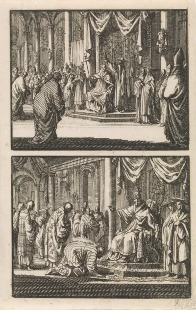 Paus Sixtus V met een tiara gekroond / Japanse afgezanten begroeten paus Sixtus V