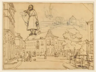 Paushuize te Utrecht en schetsen van staande vrouw en landschap