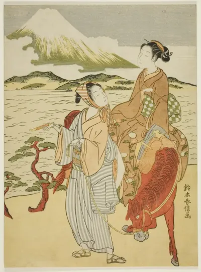 Pausing to admire Mt. Fuji (parody of Ariwara no Narihira's journey to the east)