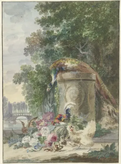 Pauw en hoenders in een park, door een hond opgejaagd
