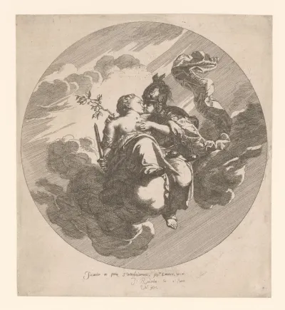 Pax en Justitia in omhelzing, zittend op wolken