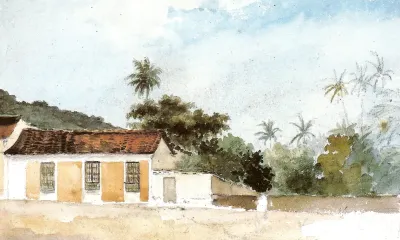 Paysage avec maison à toit rouge