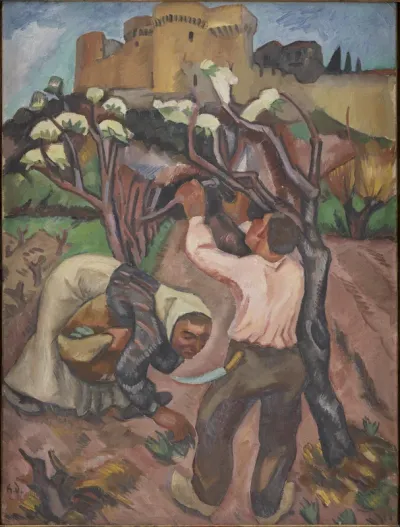 Paysan taillant un arbre en fleurs