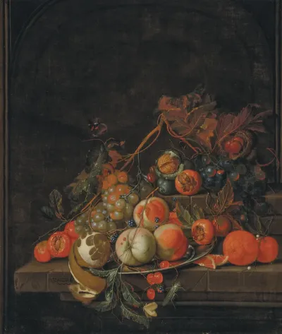 Peaches, grapes, oranges, a partially peeled lemon, medlars and other fruit
