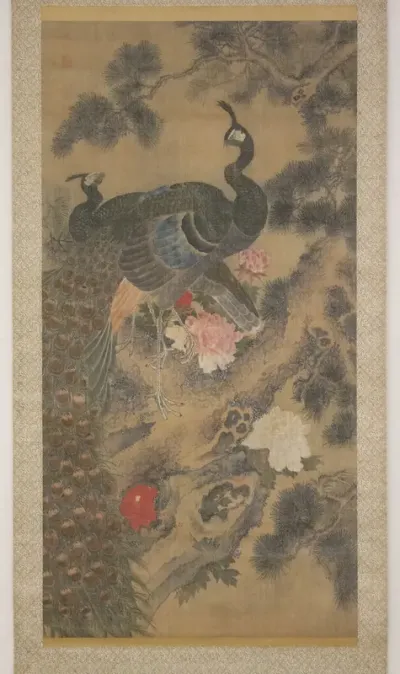 Peacocks, Pine Tree, and Peonies