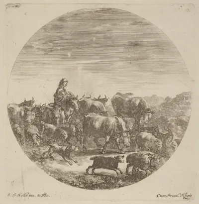 Peasant Seated on a Horse with Cows, Sheep, and Goats