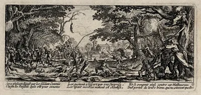 Peasants avenging themselves by attacking soldiers from woods next to a country road