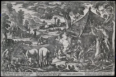 Peasants doing farmwork, thatching their huts and preparing food; representing the Silver Age