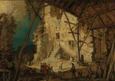 Peasants near a ruinous watchtower