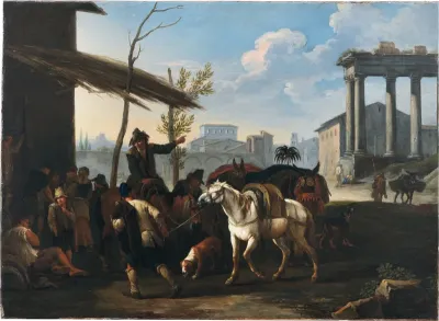 Peasants outside an inn, a town and ancient ruins beyond